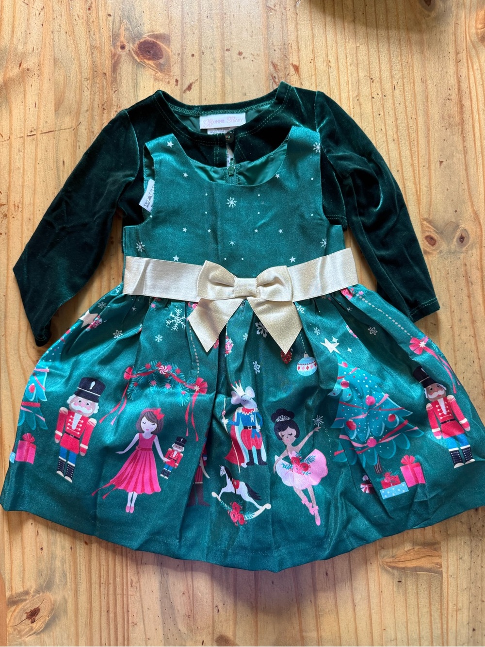 Velvet Green Nutcracker Holiday Dress with Gold Bow - Kids Costume